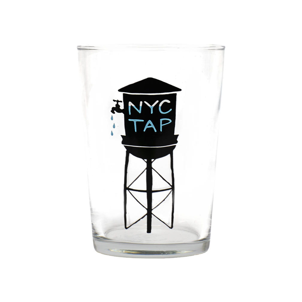 Clear glass with a black water tower design and 'NYC Tap' text on a white background