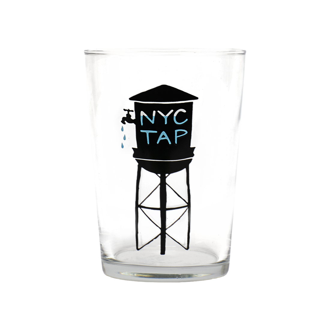 Clear glass with a black water tower design and 'NYC Tap' text on a white background