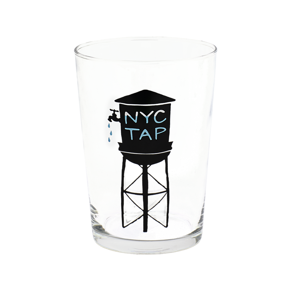 Clear glass with a black water tower illustration and 'NYC Tap' text on a white background