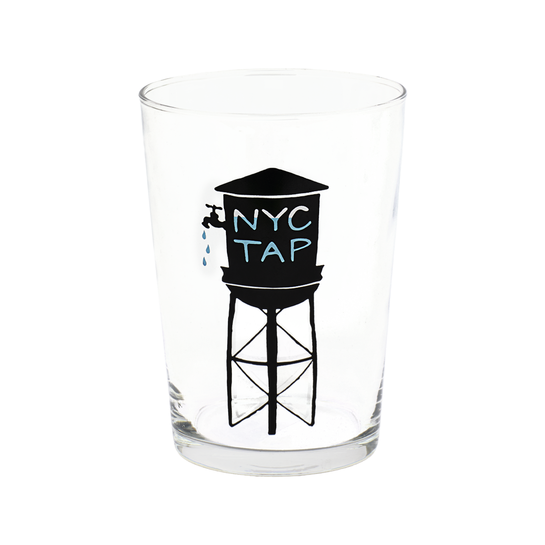 Clear glass with a black water tower illustration and 'NYC Tap' text on a white background