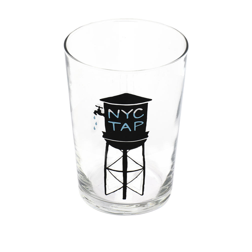 Clear glass with a black water tower illustration and 'NYC Tap' text on a white background
