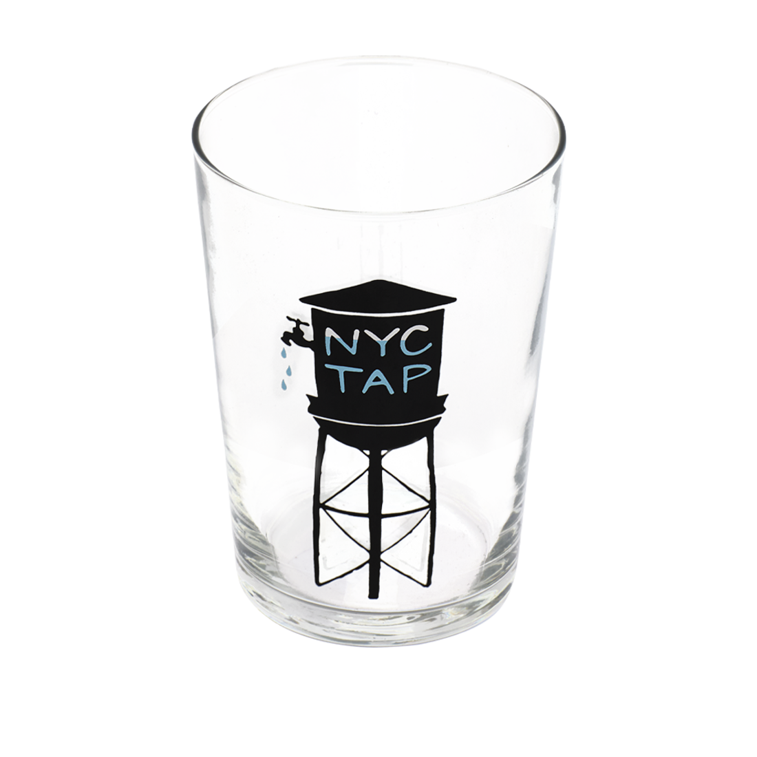 Clear glass with a black water tower illustration and 'NYC Tap' text on a white background