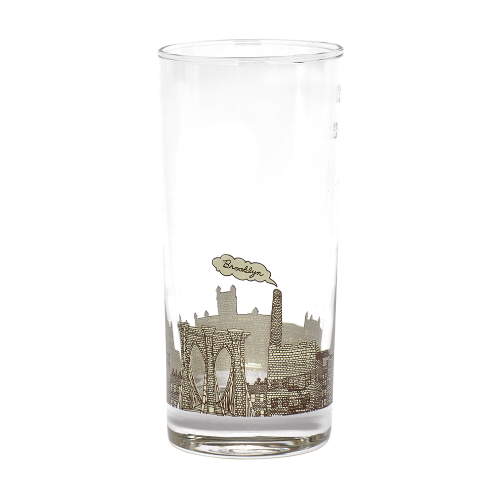 Clear glass with engraved Brooklyn Bridge design on a white background