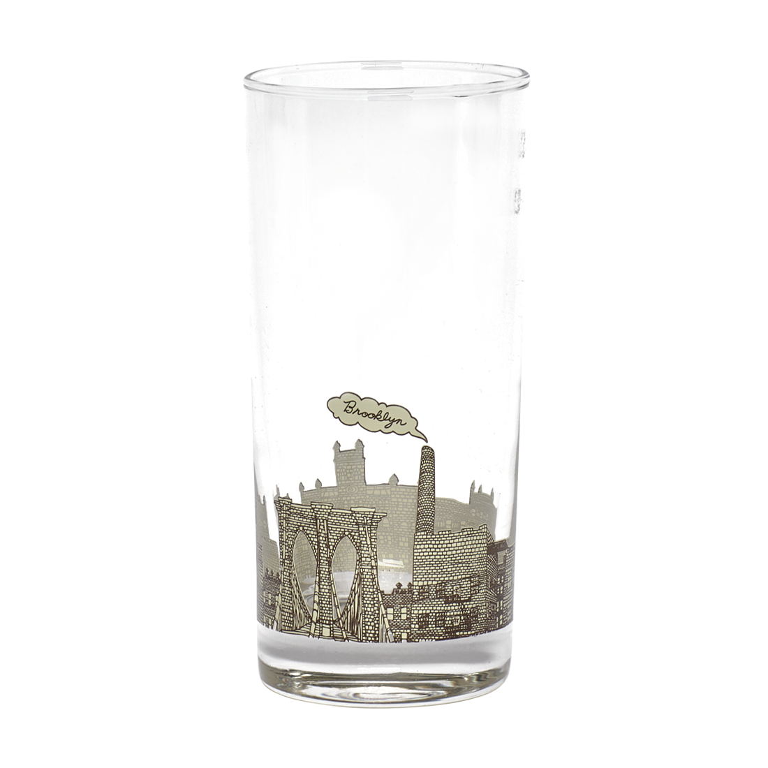 Clear glass with engraved Brooklyn Bridge design on a white background