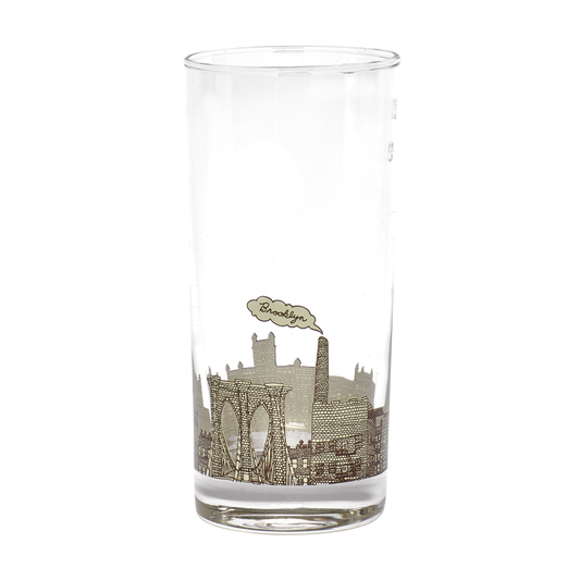 Clear glass with engraved Brooklyn Bridge design on a white background
