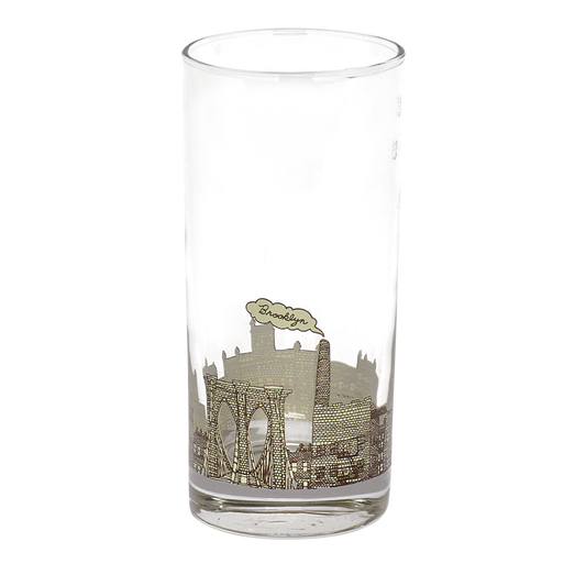 Clear glass tumbler with Brooklyn Bridge design on a white background