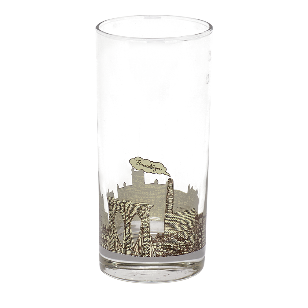 Clear glass tumbler with Brooklyn Bridge design on a white background