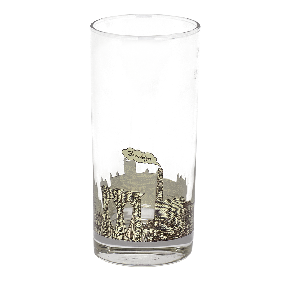 Clear glass tumbler with Brooklyn Bridge design on a white background