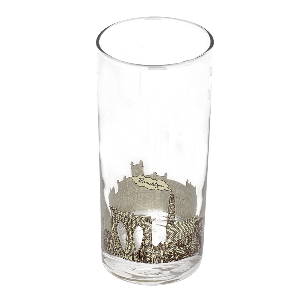 Clear glass tumbler with a printed design of the Brooklyn Bridge on a white background