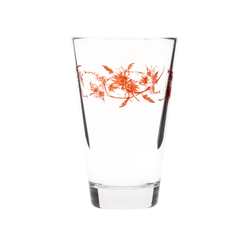 Clear tapered glass with orange floral vine artwork wrapped around the upper half.