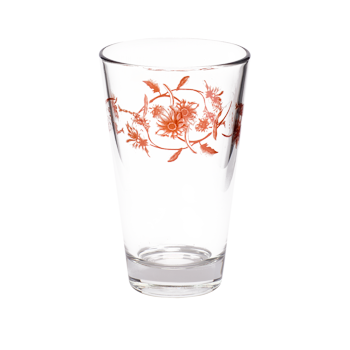 Front view of clear orange floral glass with delicate botanical linework.