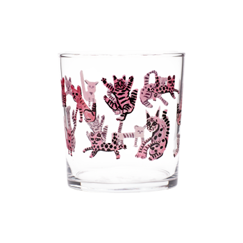 Clear rocks glass with pink and black Ben Lenovitz cat illustrations wrapped around the glass.