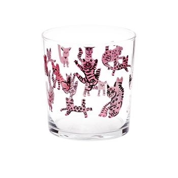 Front view of Ben Lenovitz cats glass featuring playful pink cat artwork on clear drinkware.