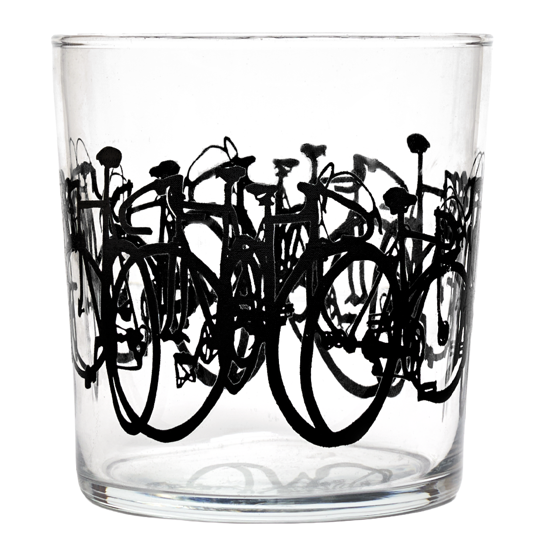 Clear glass tumbler with black bicycle illustrations on a white background