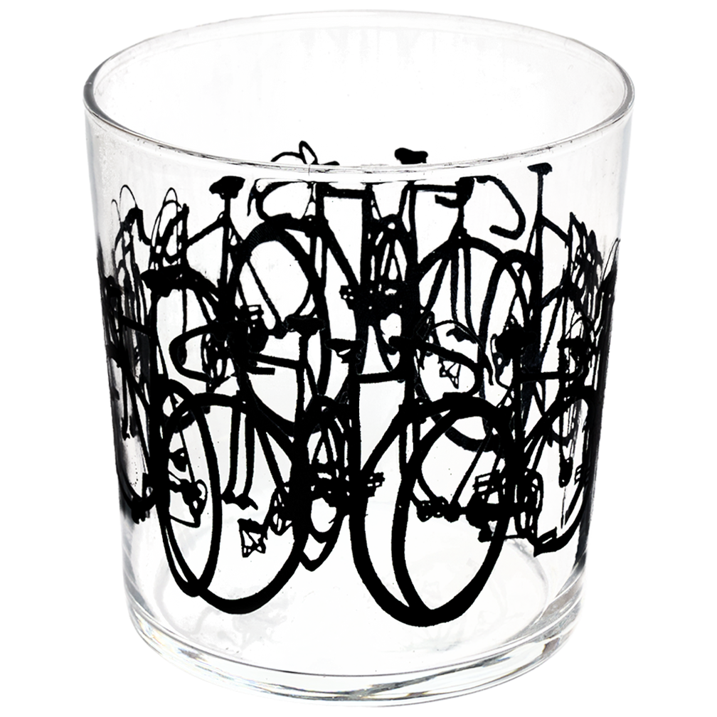 Clear glass tumbler with black bicycle design on a white background