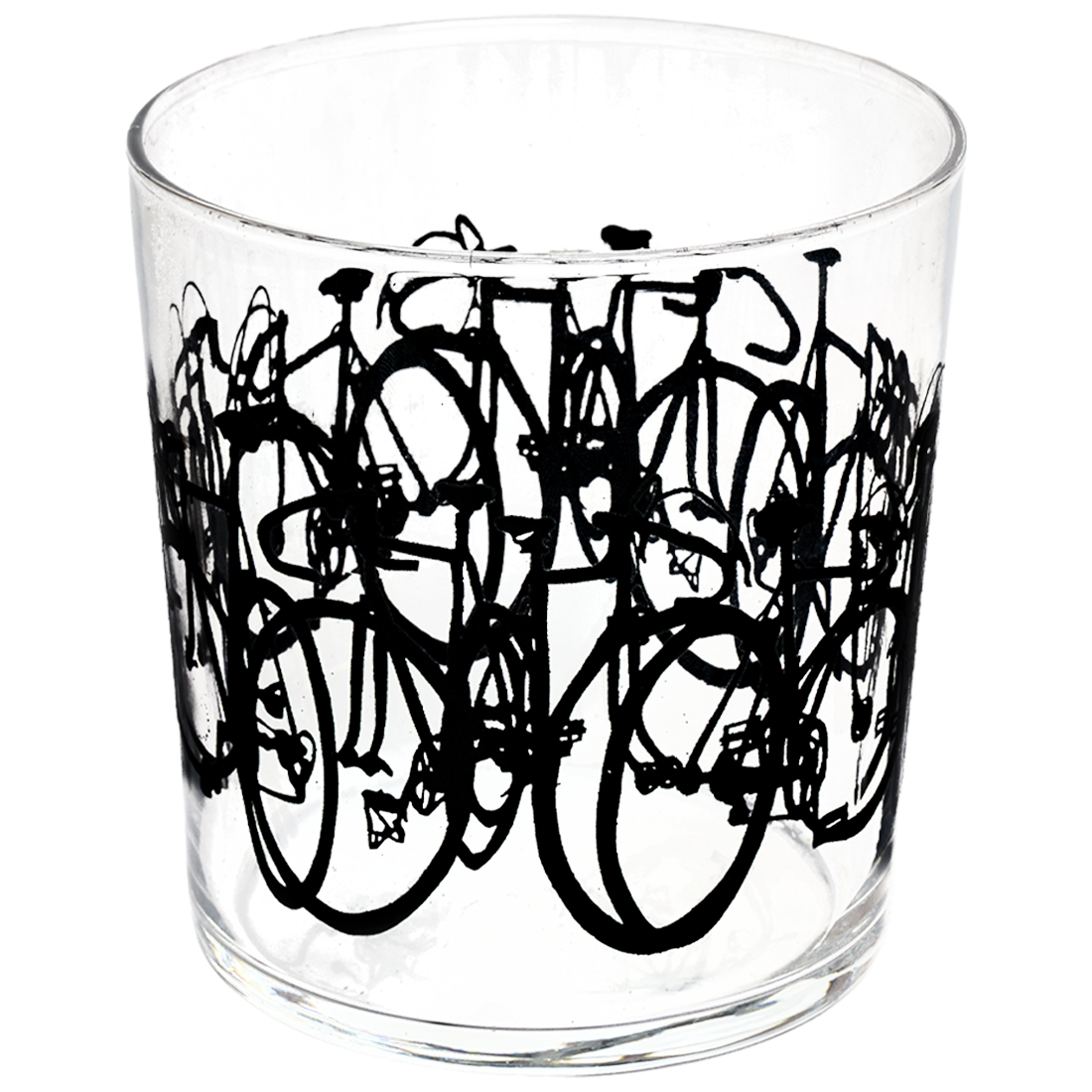 Clear glass tumbler with black bicycle design on a white background