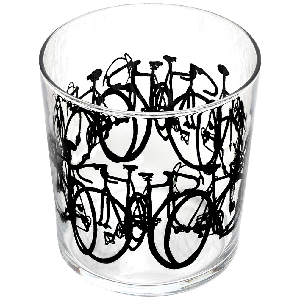 Clear glass tumbler with black bicycle illustrations on a white background