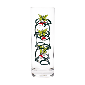 Tall clear highball glass with radishes, green leaves, and looping dark vine artwork.