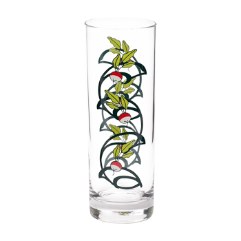 Front view of radish and vine highball glass with colorful vegetable illustrations.