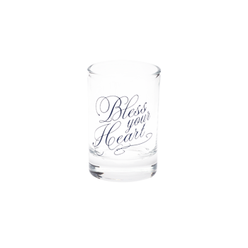 Front view of Bless Your Heart shot glass with elegant blue cursive typography.