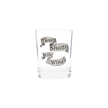 Clear shot glass with vintage nautical “Three Sheets to the Wind” design, front view.