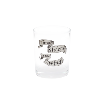 Clear shot glass with “Three Sheets to the Wind” graphic shown from a slight angle.