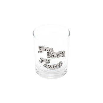 Top-down view of clear shot glass with nautical “Three Sheets to the Wind” design.