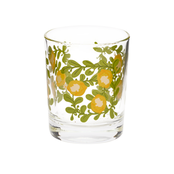 Front view of lemon floral rocks glass with citrus and vine artwork wrapped around clear glass.