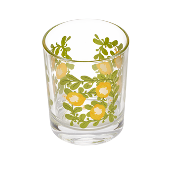 Top view of lemon floral rocks glass with citrus and vine artwork wrapped around clear glass.