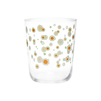 Clear rocks glass with scattered small daisy illustrations in soft green, white, and orange.