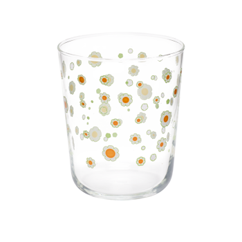 Front view of daisy rocks glass featuring tiny floral artwork wrapped around clear glass.
