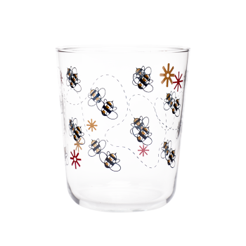 Clear rocks glass with scattered small daisy illustrations in soft green, white, and orange.