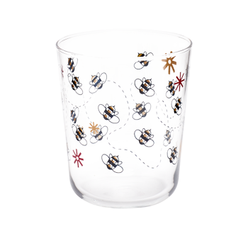 Front view of daisy rocks glass featuring tiny floral artwork wrapped around clear glass.