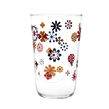 Clear glass with colorful daisy and bee illustrations in red, blue, yellow, orange, and black.