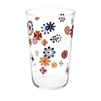 Front view of glassware featuring a bright daisy and bee pattern wrapped around clear glass.
