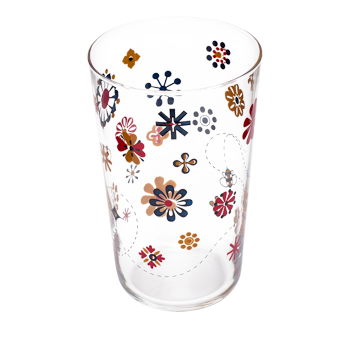 Angled top view of clear glass with multicolor daisies, bees, and playful floral details.