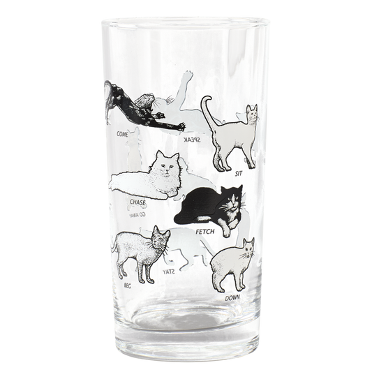 Clear cat themed highball glass with playful illustrated cats and graphic training inspired text, designed to add personality to modern table settings and everyday drinkware collections