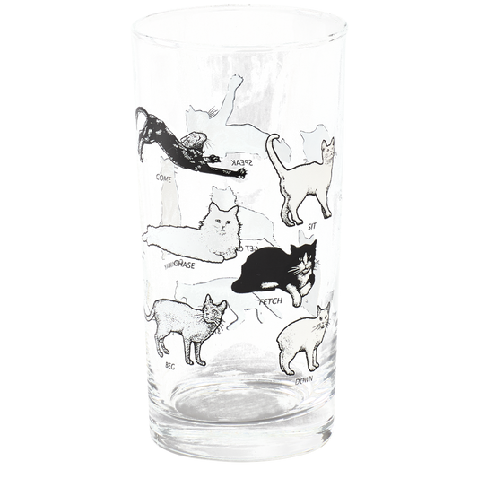 Cat illustration drinking glass featuring black and white feline artwork and whimsical command graphics, crafted for everyday use and easy pairing with ceramic dinnerware and serving pieces