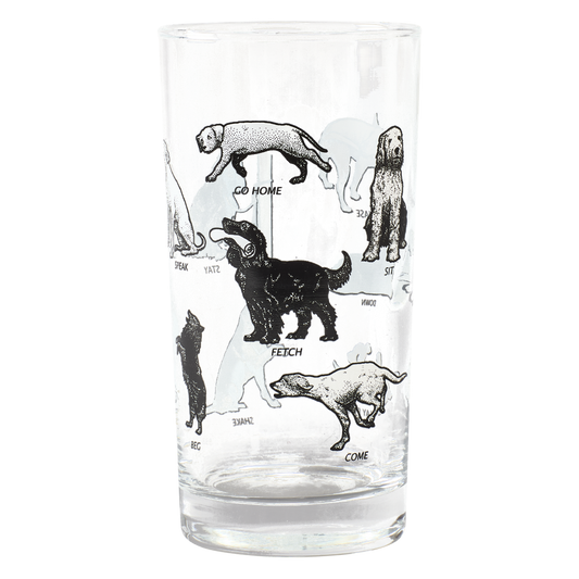 Clear highball glass with vintage inspired dog illustrations and playful training commands, crafted from durable glass and designed to pair effortlessly with Fishs Eddy diner mugs plates and casual tabletop collections