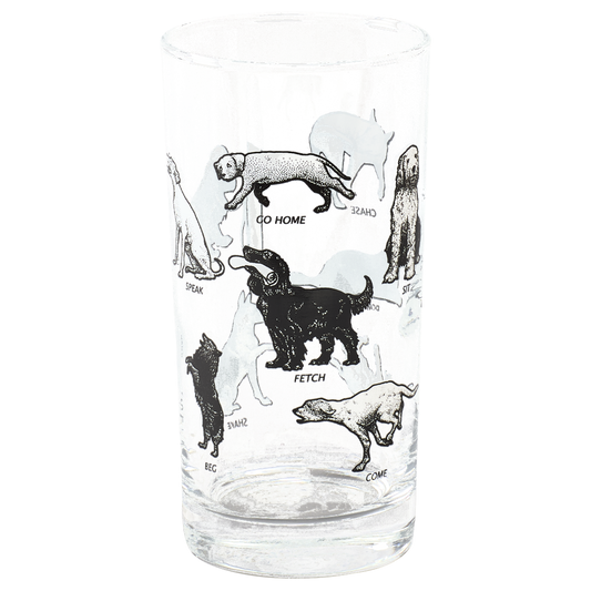 Dog themed drinking glass featuring black and white illustrated dogs with fetch sit and come graphics, a playful addition to everyday table settings and coordinated serveware collections