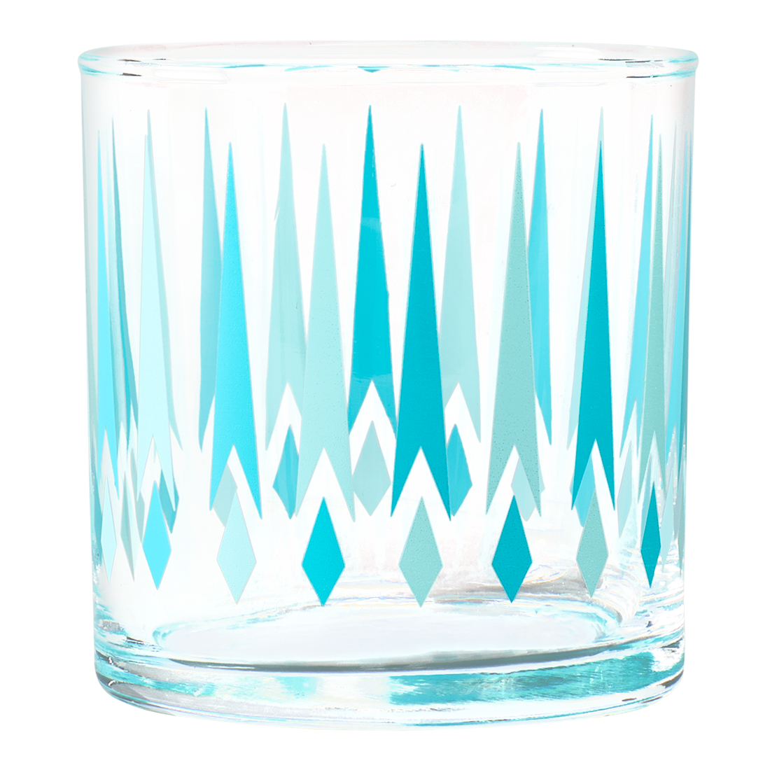 Clear glass tumbler with blue and white geometric pattern on a white background