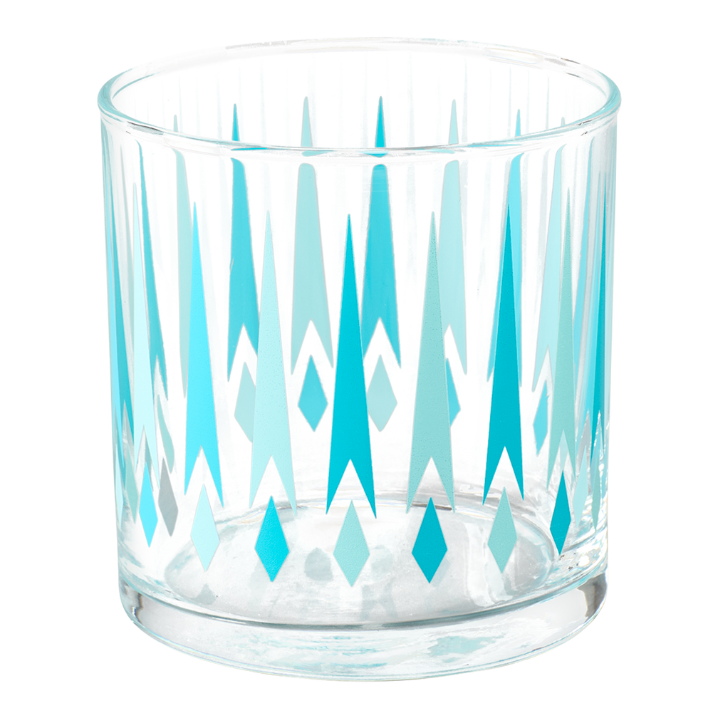 Clear glass with blue geometric pattern on a white background