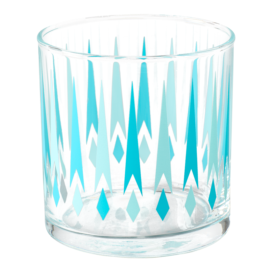 Clear glass with blue geometric pattern on a white background