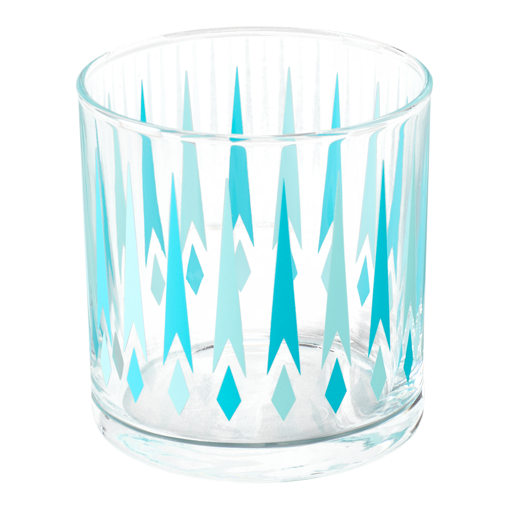 Clear glass candle holder with blue geometric pattern on a white background