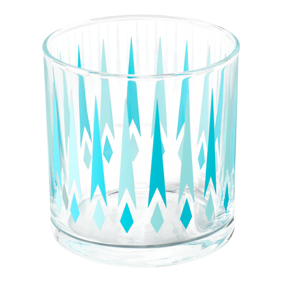 Clear glass candle holder with blue geometric pattern on a white background