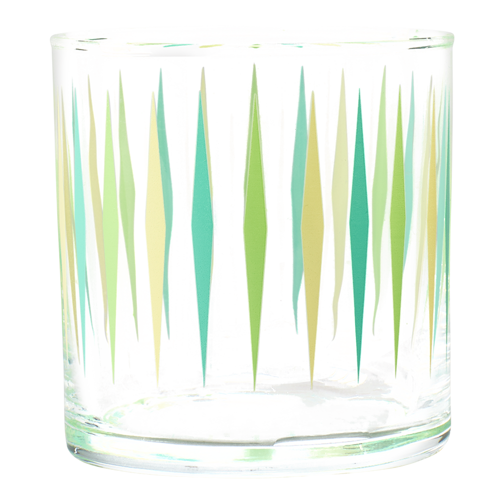 Clear glass candle holder with green and yellow leaf pattern on a white background