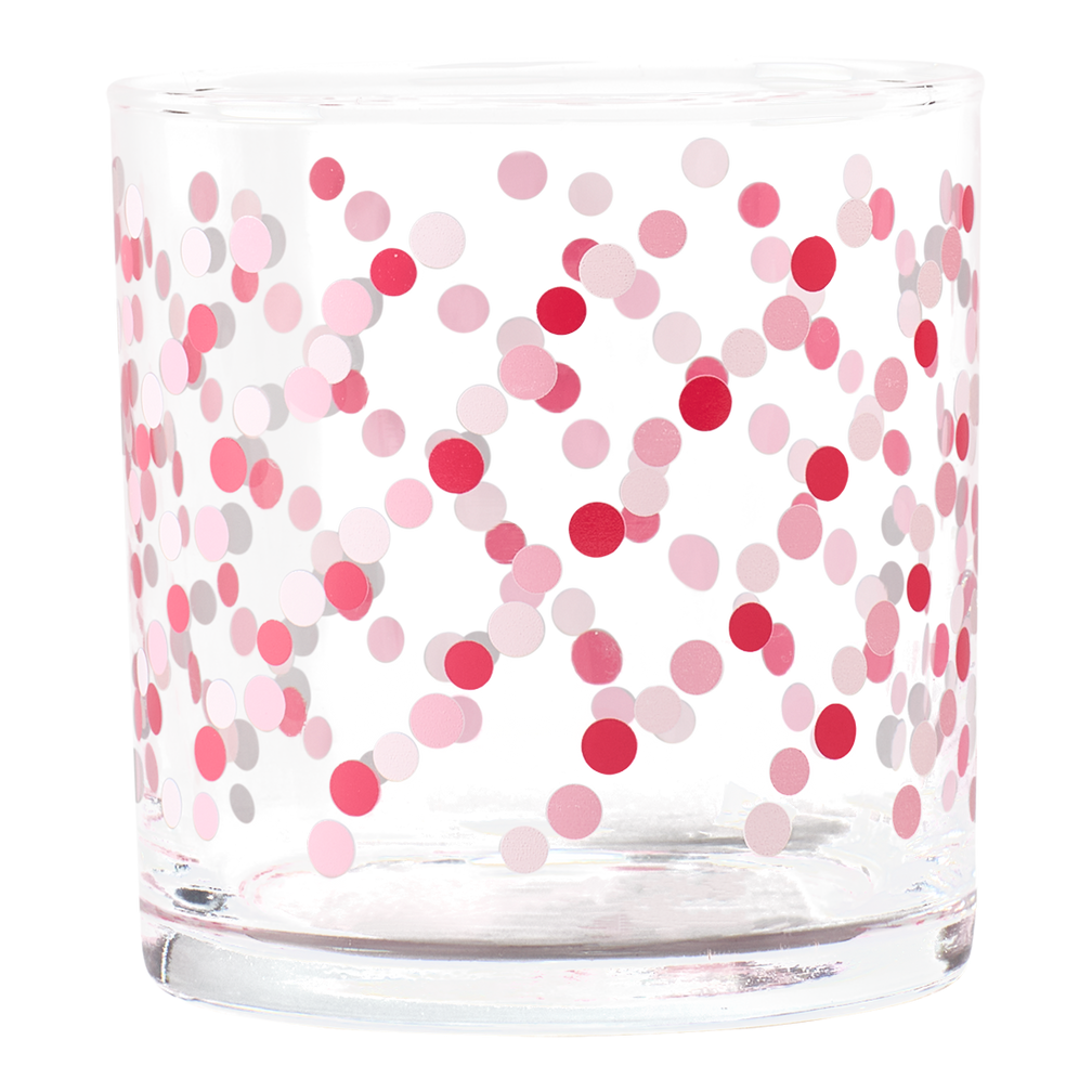 Clear glass with pink and gray polka dot pattern on a white background