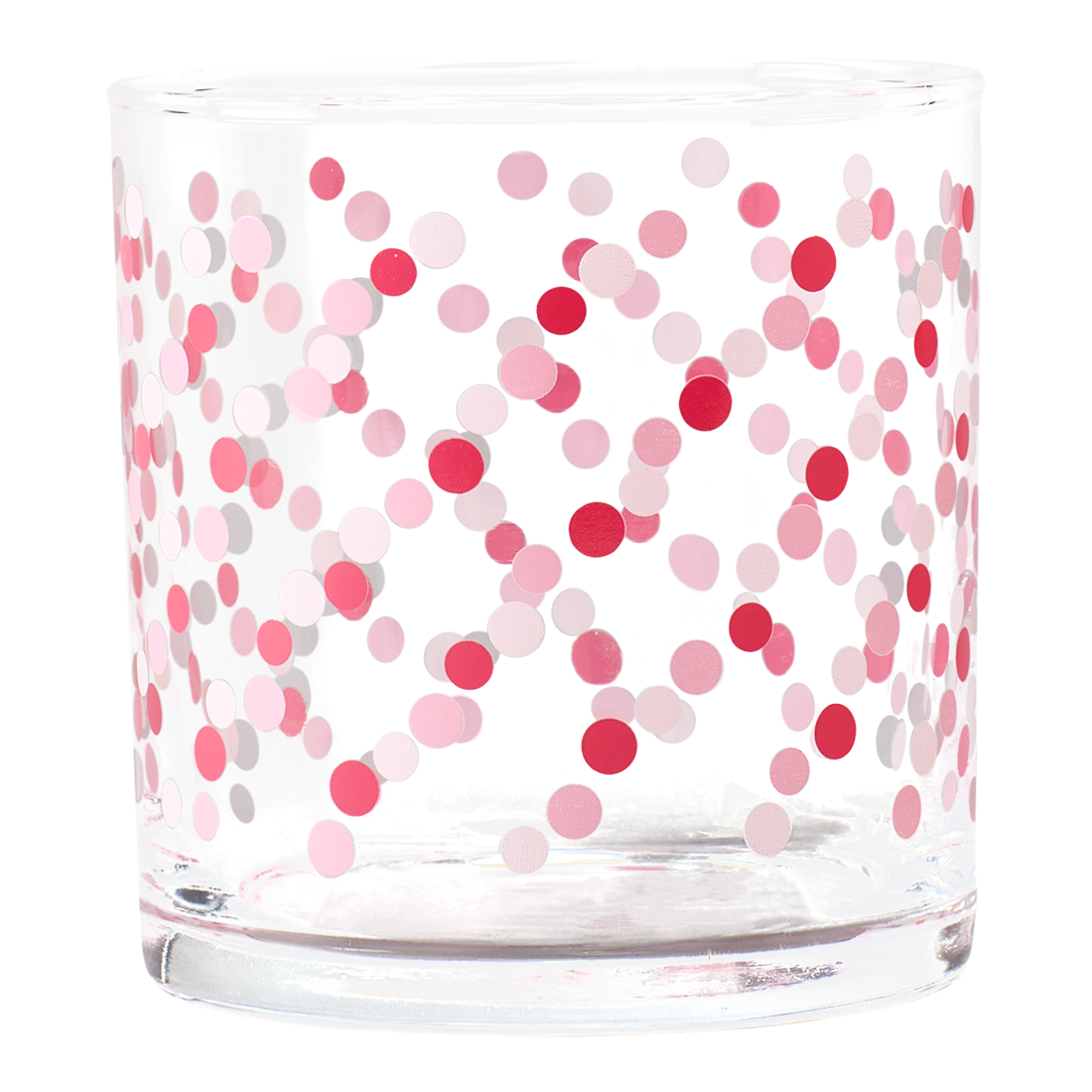 Clear glass with pink and gray polka dot pattern on a white background