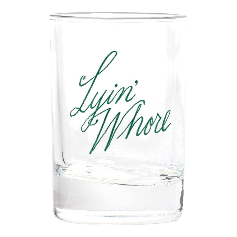 Pleasantries Lyin Whore Shot Glass with humorous graphic design, an easy addition to any modern table setting