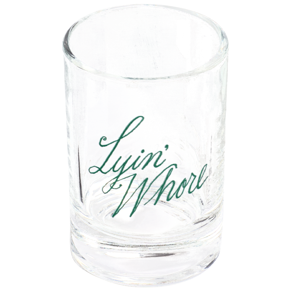 Pleasantries Lyin Whore Shot Glass with humorous graphic design, great for everyday dining and entertaining